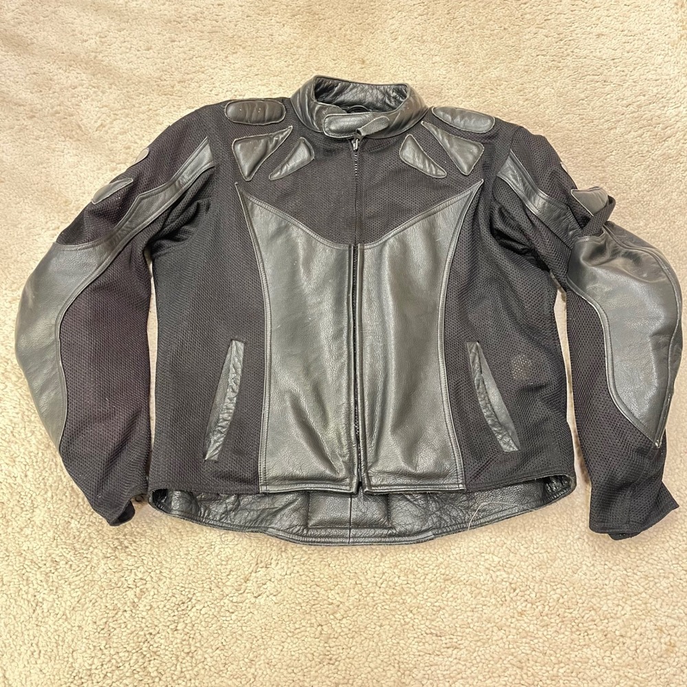 Fieldsheer Mens‎ Black Leather Mesh Armored Motorcycle Riding Jacket Size 46 HOG